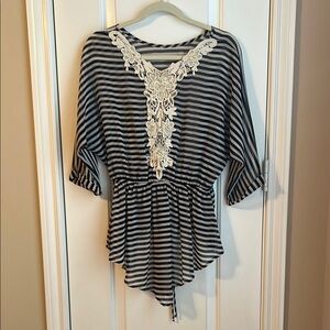 Striped Black and White Top with Lace Detail